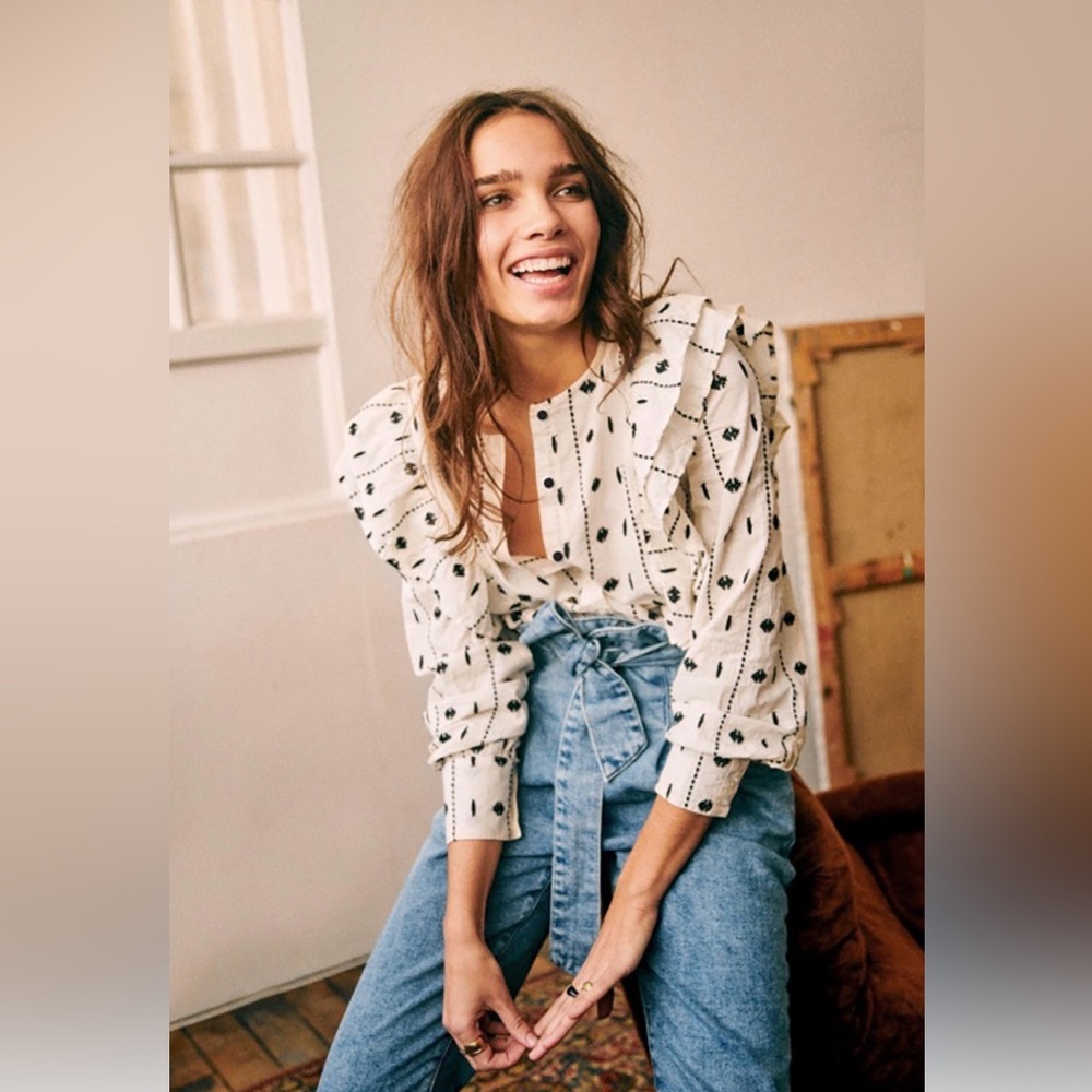 Sezane Boby Black and White  embroidered Patterned Ruffle Blouse